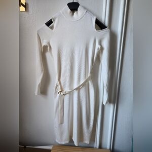 FREE SHIPPING! Calvin KleinBelted Cold-Shoulder Sweater Dress in Ivory